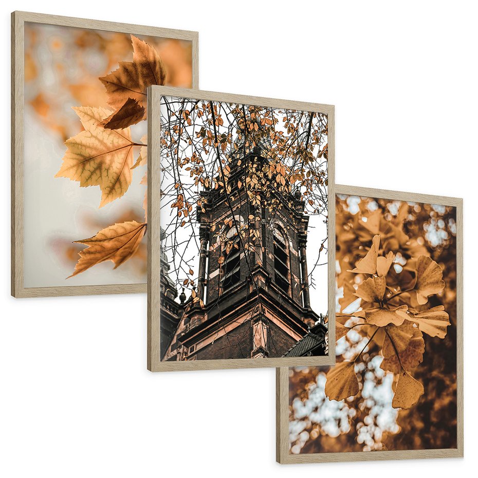 Zestaw obrazy w ramie, plakaty - liście, jesień, budynek - rama drewno