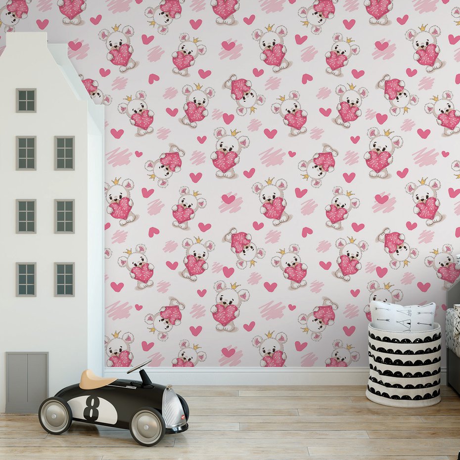 Tapeta - dziecięca, miś, serce, korona