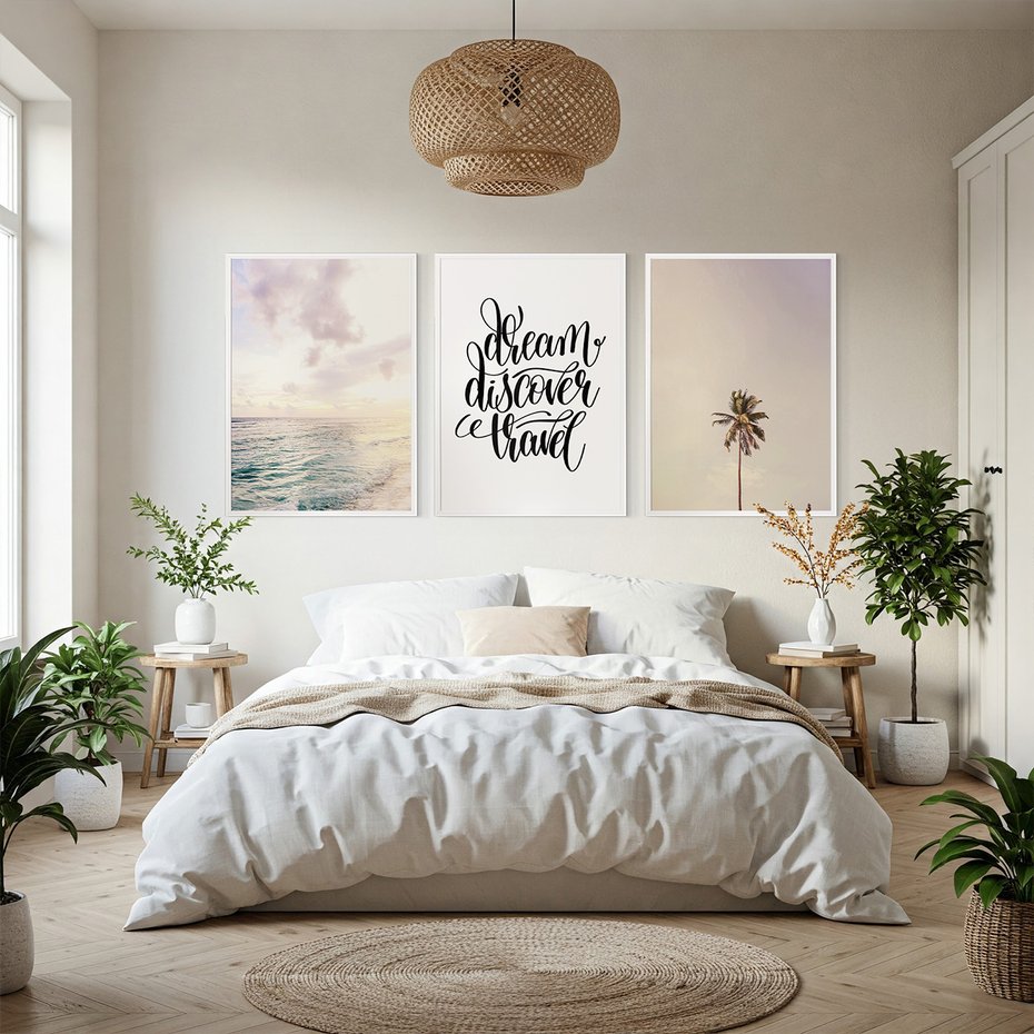 Zestaw obrazy w ramie, plakaty - plaża,palma,napis - rama biała