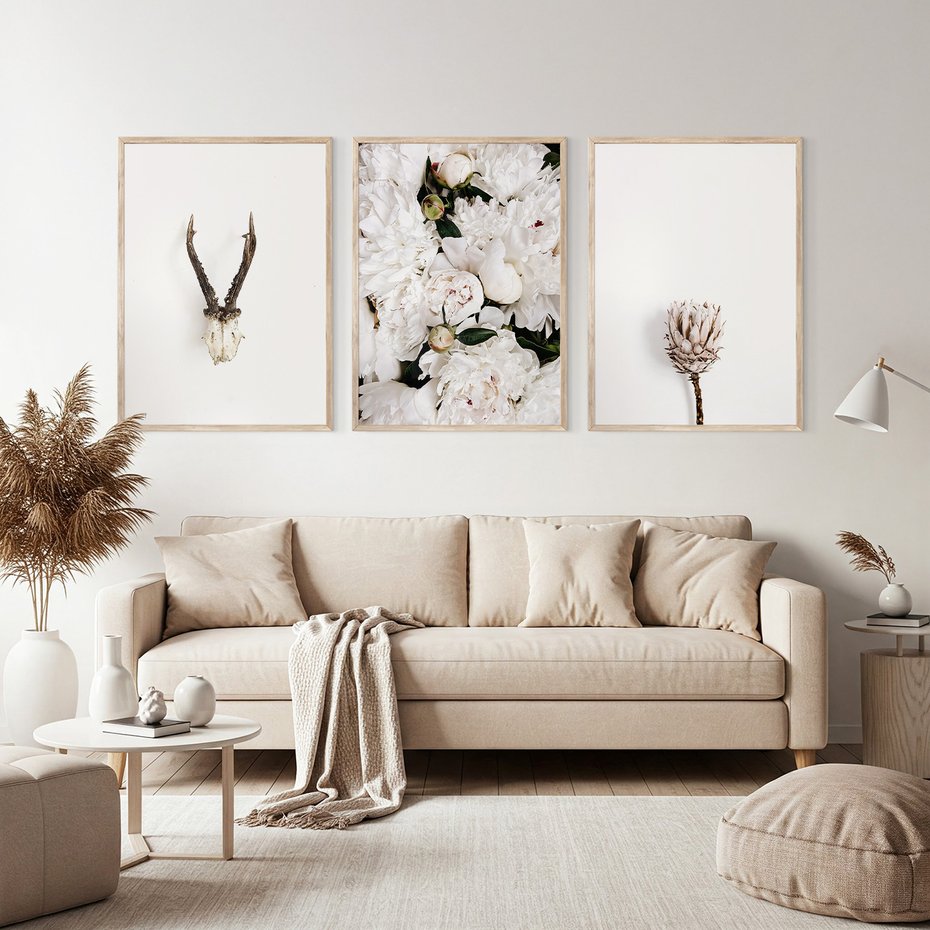 Zestaw obrazy w ramie, plakaty - kwiaty, minimalizm, roślina - rama drewno