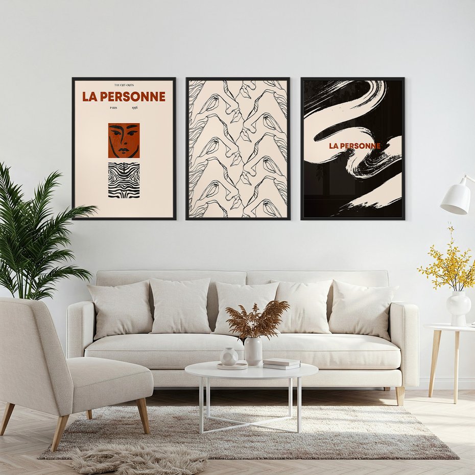 Zestaw obrazy w ramie, plakaty - abstrakcja, twarze, vintage - rama czarna