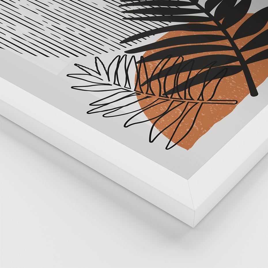 Zestaw obrazy w ramie, plakaty - abstrakcja, liście, minimalizm - rama biała