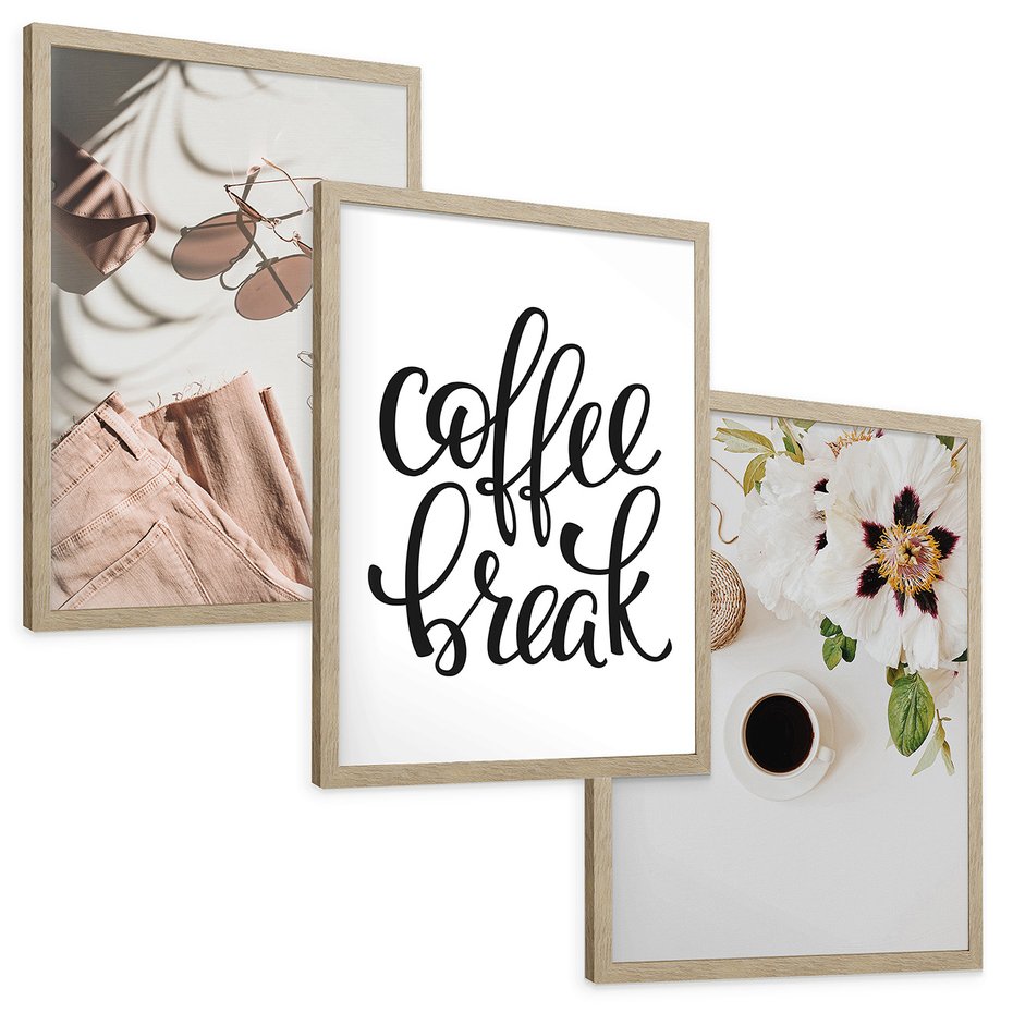 Zestaw obrazy w ramie, plakaty - kwiaty, kawa, akcesoria - rama drewno