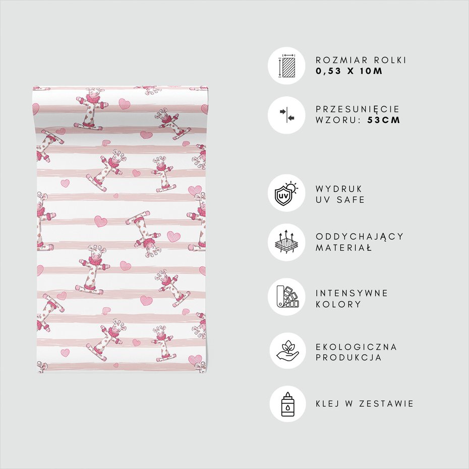 Tapeta - dziecięca, żyrafa, serce, paski