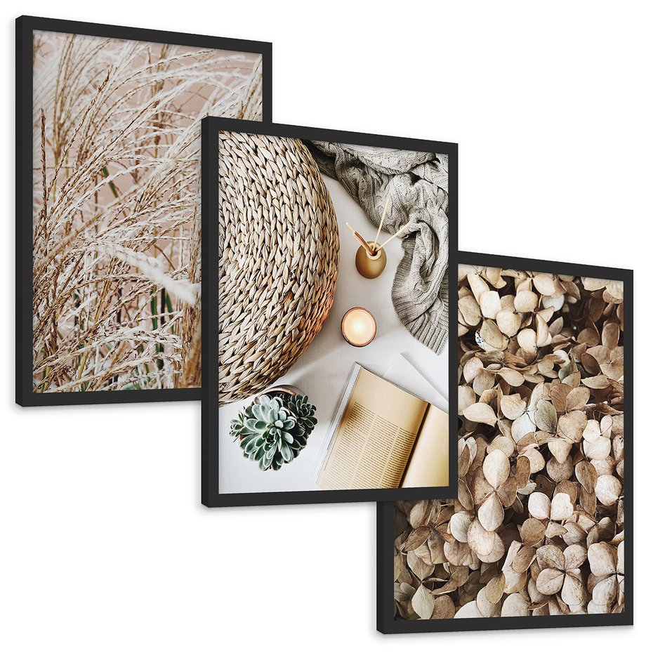 Zestaw obrazy w ramie, plakaty - roślina, beżowy, dekoracja - rama czarna