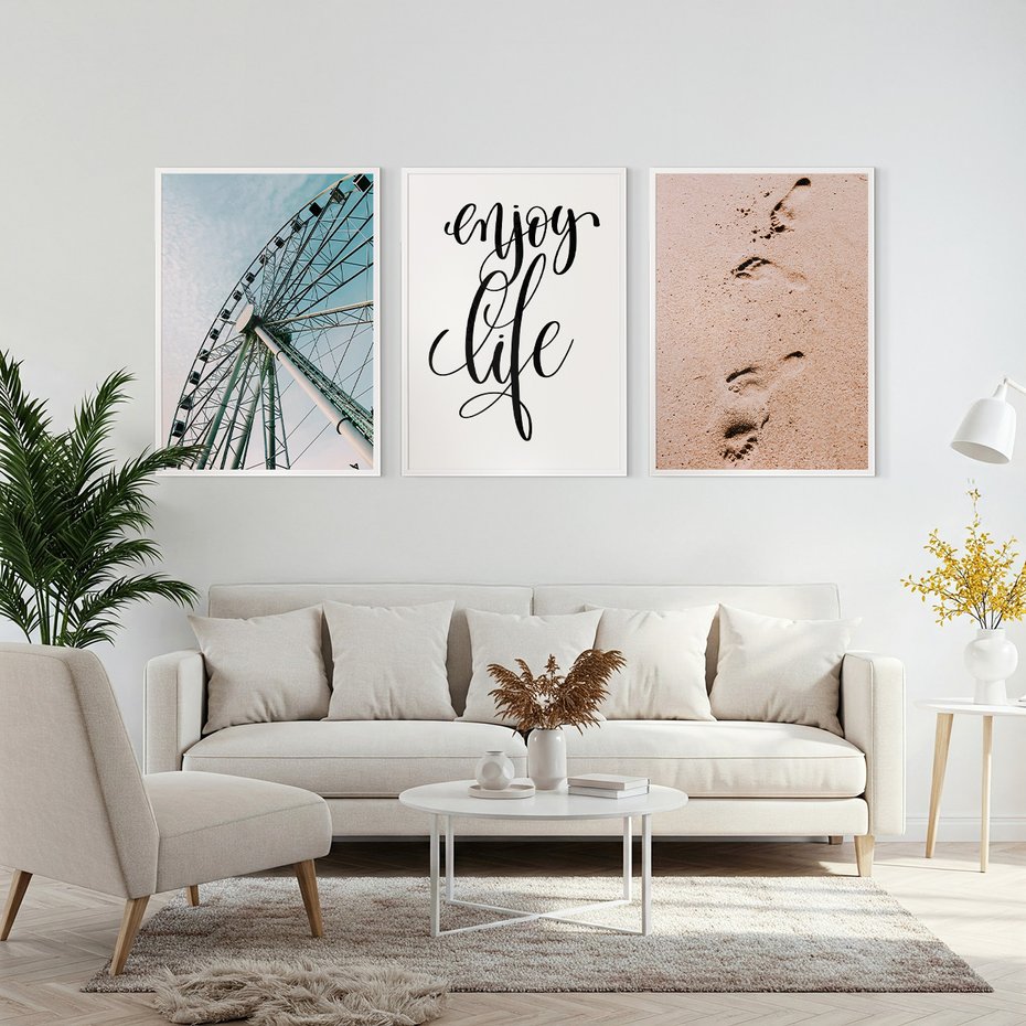 Zestaw obrazy w ramie, plakaty - wakacje, plaża, piasek - rama biała