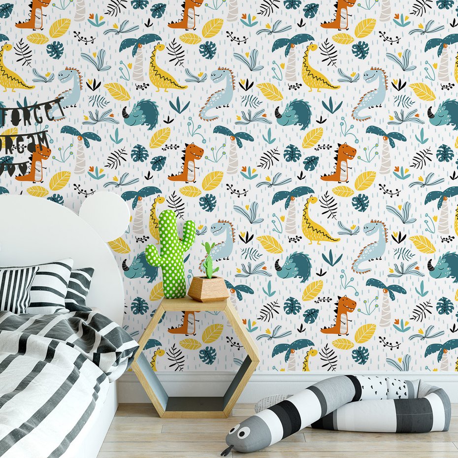 Tapeta - dziecięca, dinozaury, liście, palmy