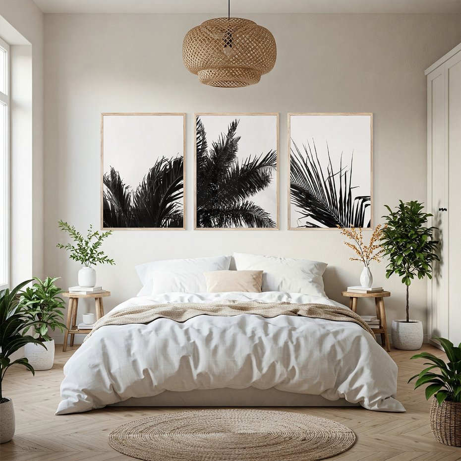 Zestaw obrazy w ramie, plakaty - palmy, liście, tropikalne - rama drewno