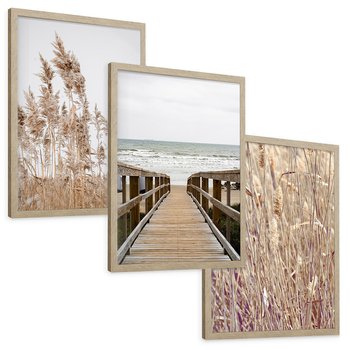 Zestaw obrazy w ramie, plakaty - trzcina, plaża, morze - rama drewno