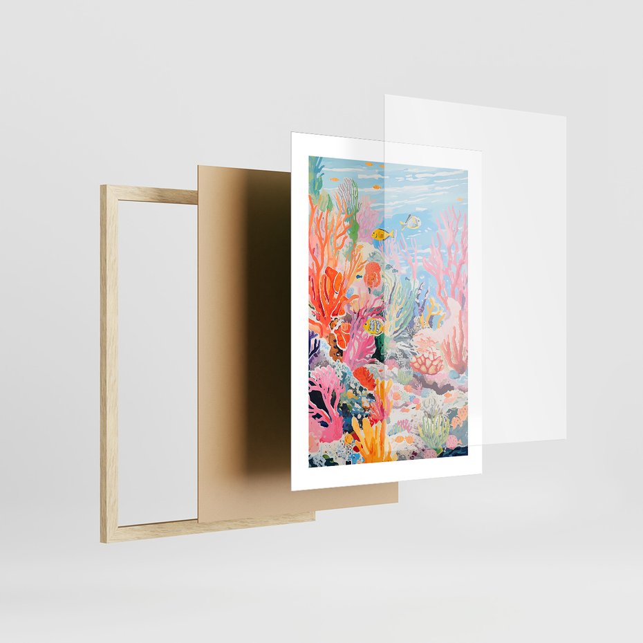 Zestaw obrazy w ramie, plakaty - podwodny, rafa, ryby - rama drewno