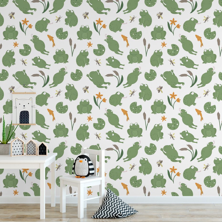 Tapeta - dziecięca, żaby, kwiaty, ryba