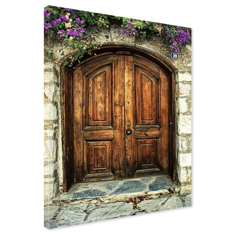Obraz na płótnie - drzwi, kwiaty, kamień