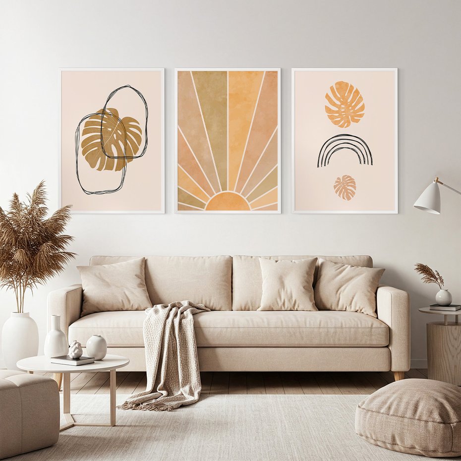 Zestaw obrazy w ramie, plakaty - liście, monstera, abstrakcja - rama biała