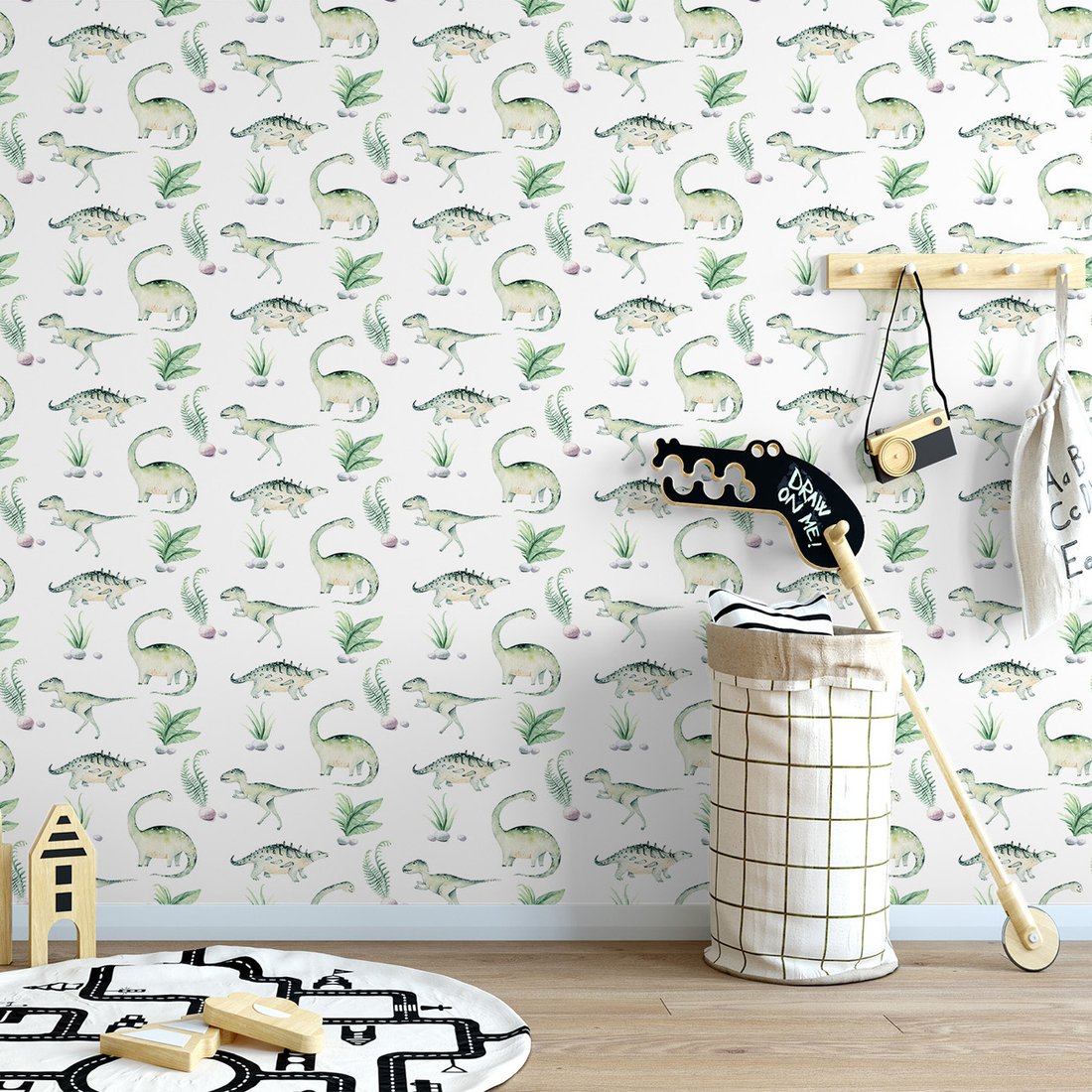 Tapeta - dziecięca, dinozaur, liście, rośliny