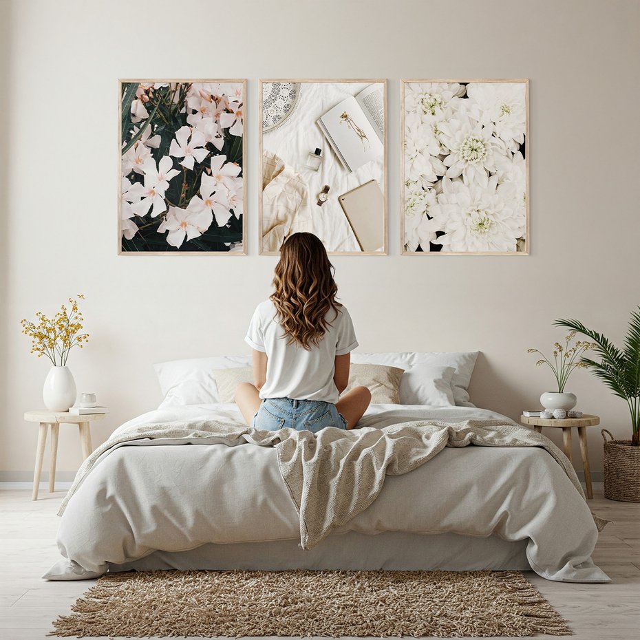 Zestaw obrazy w ramie, plakaty - kwiaty, biały, roślina - rama drewno