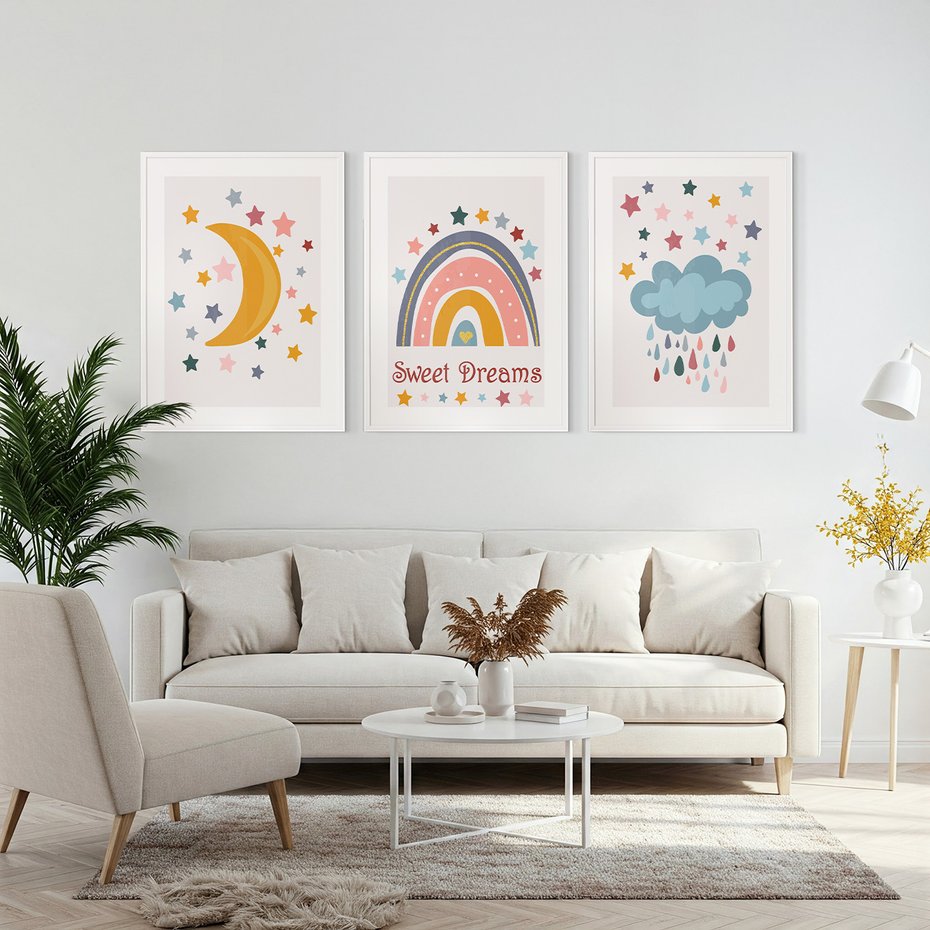 Zestaw obrazy w ramie, plakaty - gwiazdy, księżyc, tęcza - rama biała