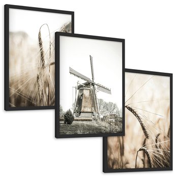 Zestaw obrazy w ramie, plakaty - pole, wieś, żniwa - rama czarna