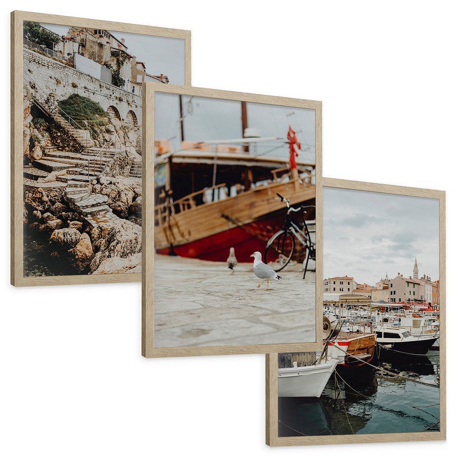 Zestaw obrazy w ramie, plakaty - miasto, port, morze - rama drewno