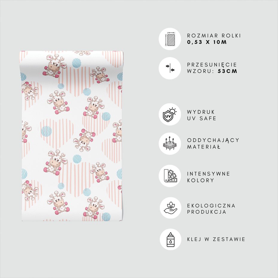 Tapeta - dziecięca, żyrafa, serca, kropki