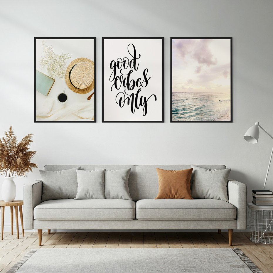 Zestaw obrazy w ramie, plakaty - kwiaty, lato, morze - rama czarna