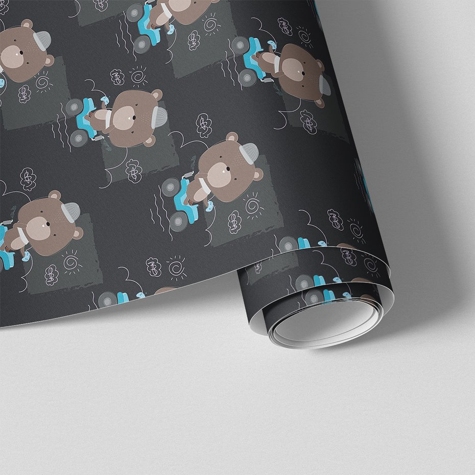 Tapeta - dziecięca, niedźwiedź, pojazd, chmury