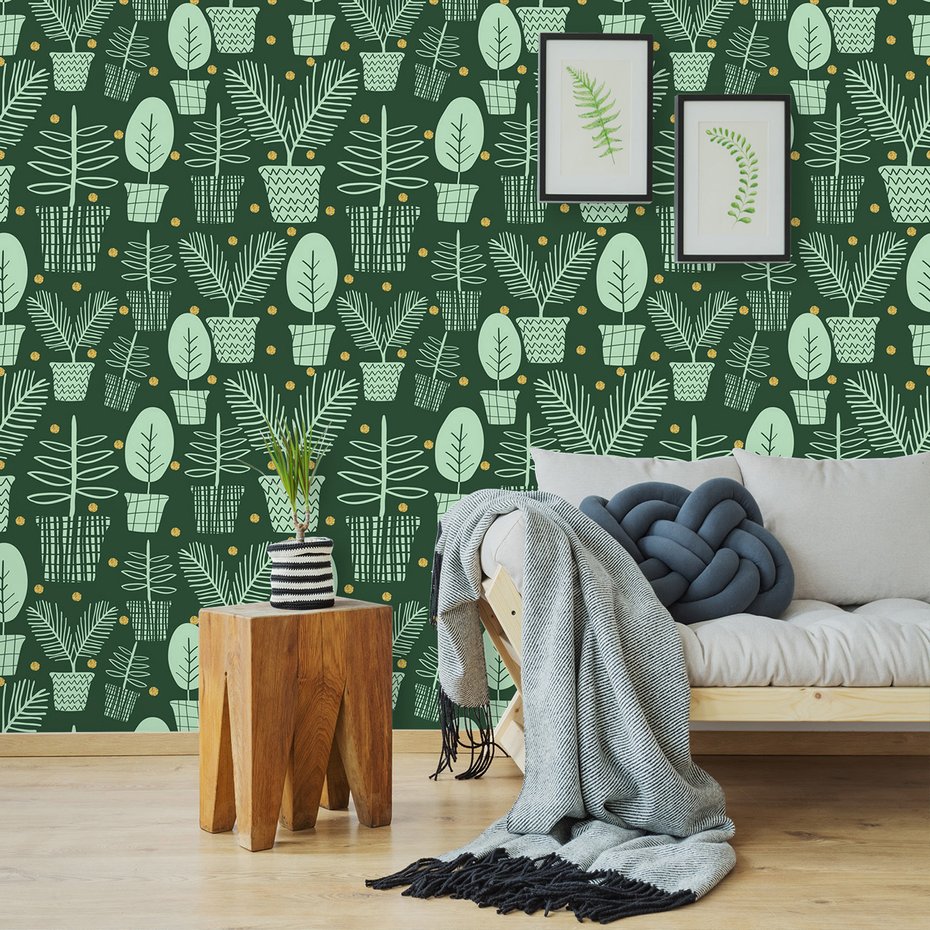 Tapeta - liście, doniczki, kropki