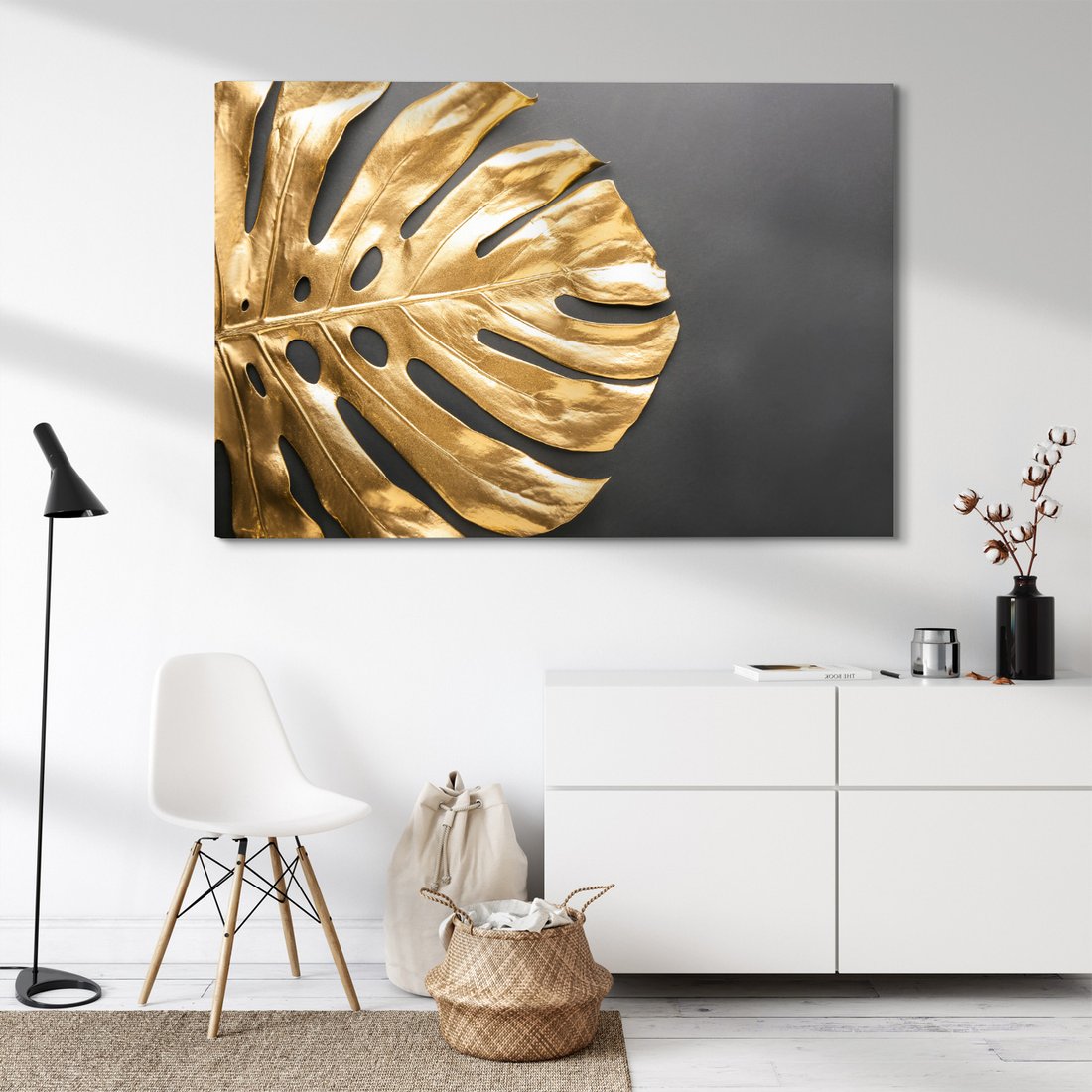 Obraz na płótnie - liść, złoty, monstera