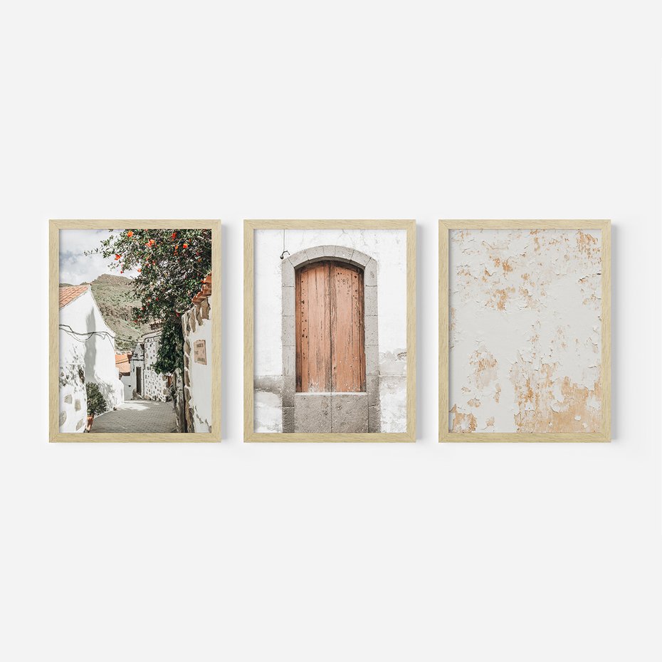 Zestaw obrazy w ramie, plakaty - ściana, drzwi, miasto - rama drewno