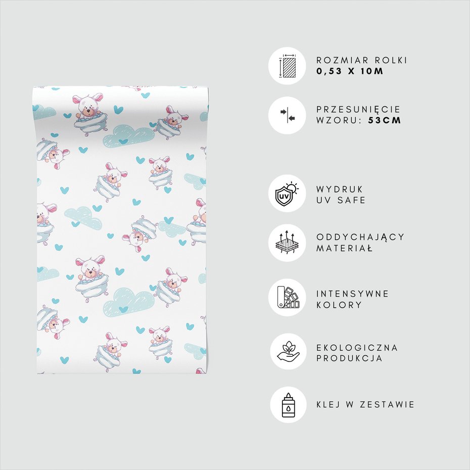 Tapeta - dziecięca, misie, chmurki, serca