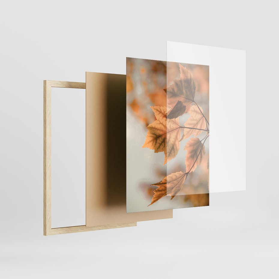Zestaw obrazy w ramie, plakaty - liście, jesień, budynek - rama drewno