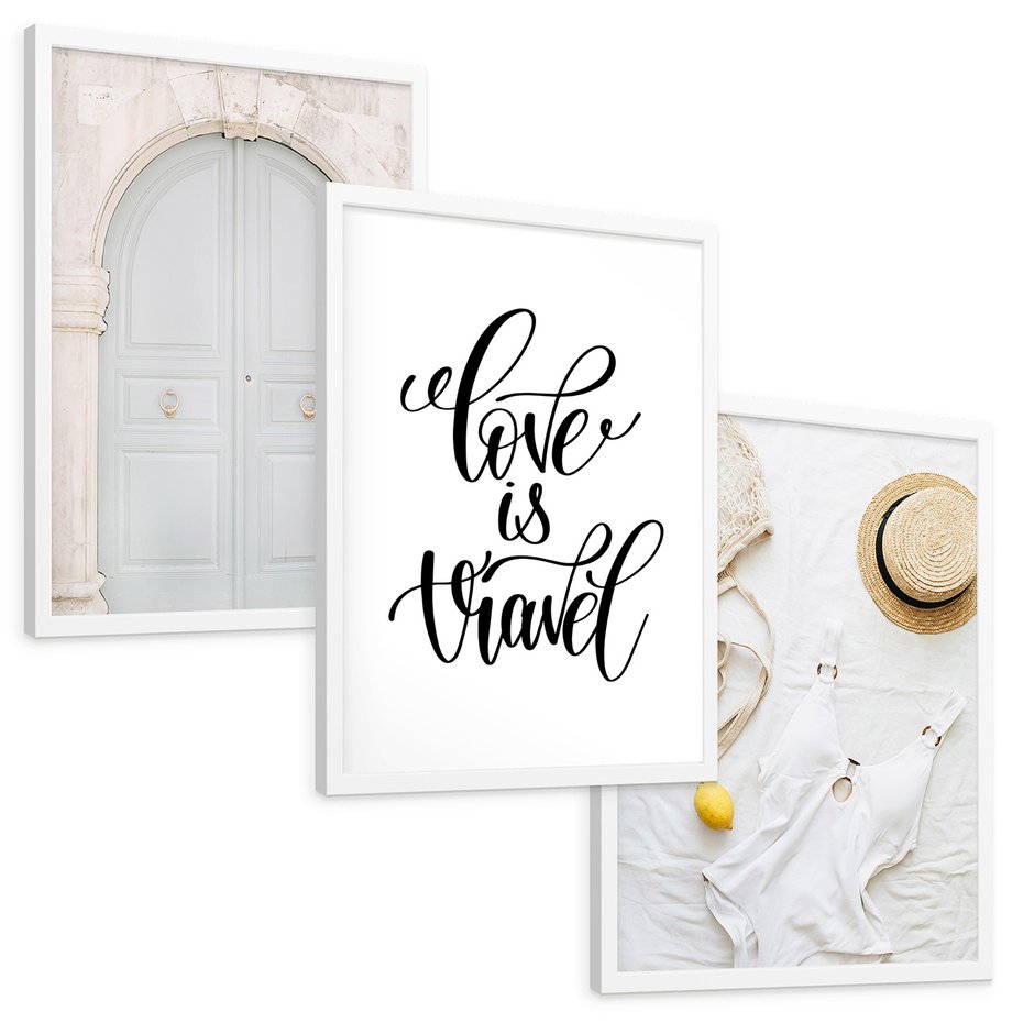 Zestaw obrazy w ramie, plakaty - podróż, cytryny, drzwi - rama biała