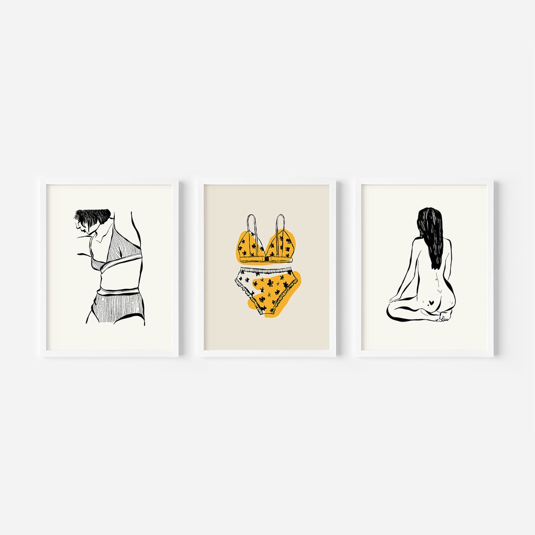 Zestaw obrazy w ramie, plakaty - kobieta, bielizna, ciało - rama biała