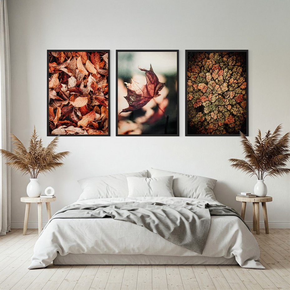 Zestaw obrazy w ramie, plakaty - liście,jesień,drzewa - rama czarna