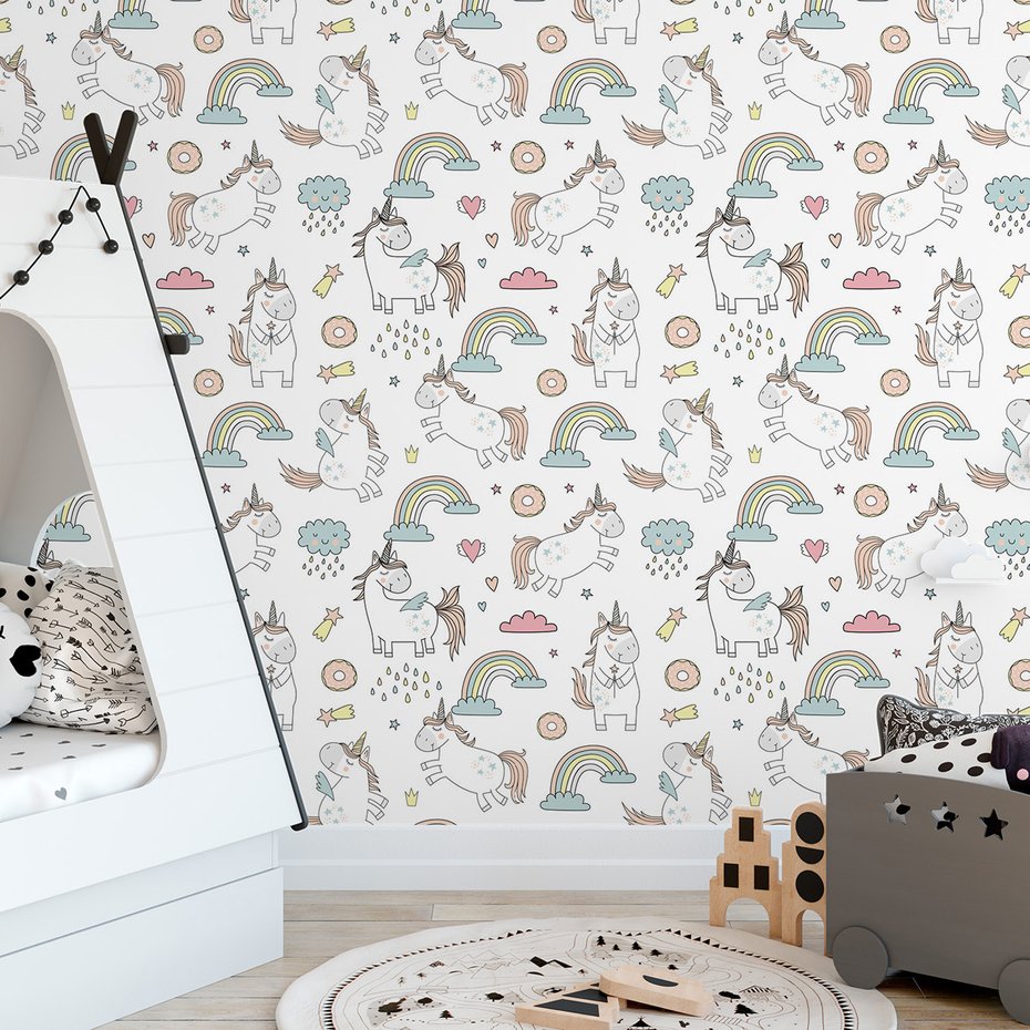 Tapeta - dziecięca, jednorożec, tęcza, chmura