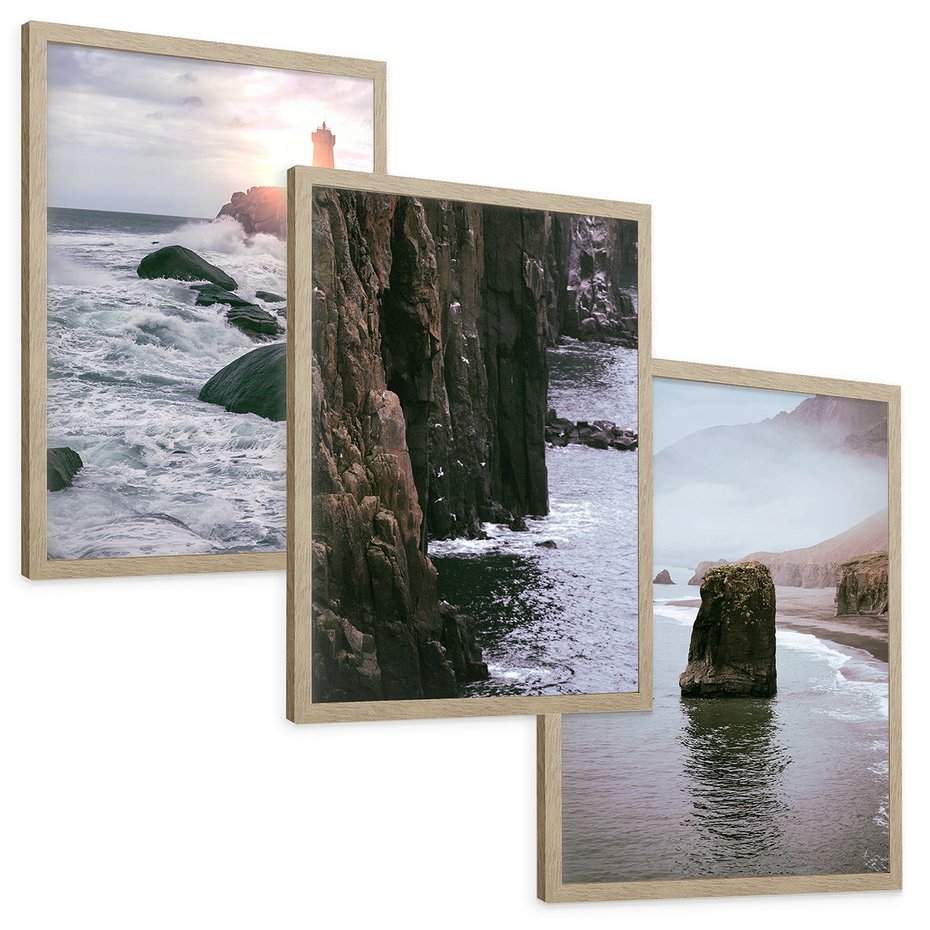 Zestaw obrazy w ramie, plakaty - morze, skały, wybrzeże - rama drewno