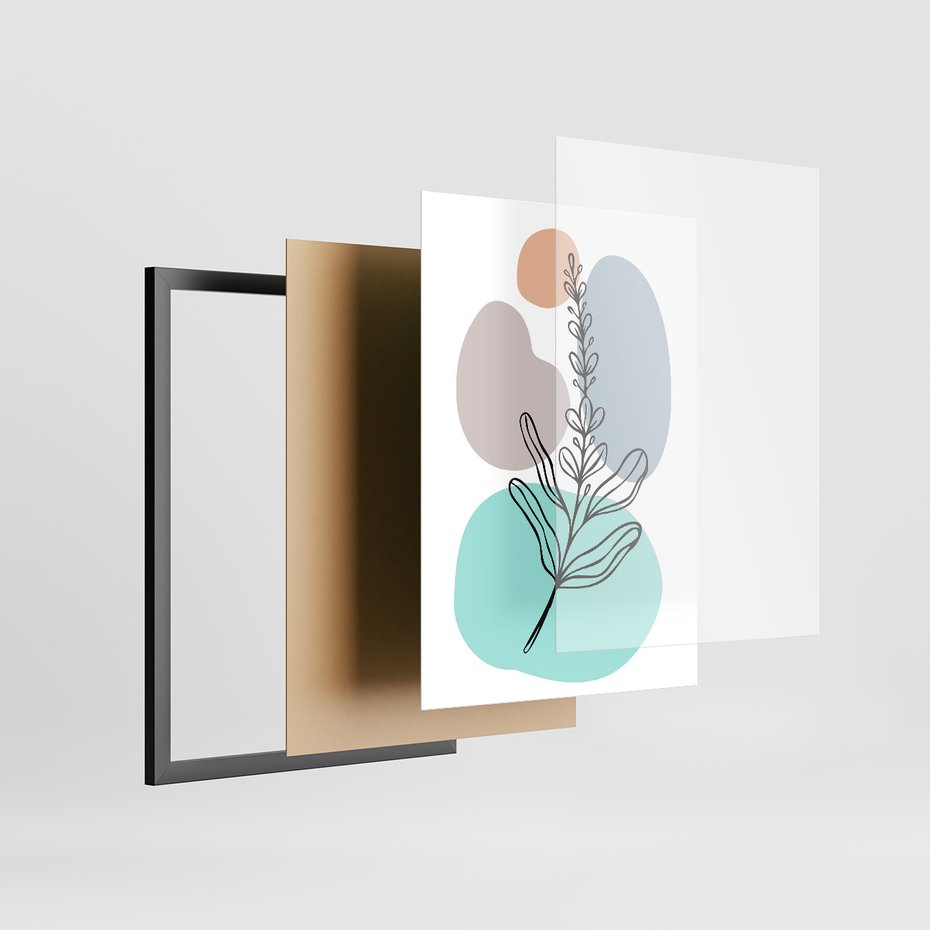 Zestaw obrazy w ramie, plakaty - liście, gałązki, abstrakcja - rama czarna