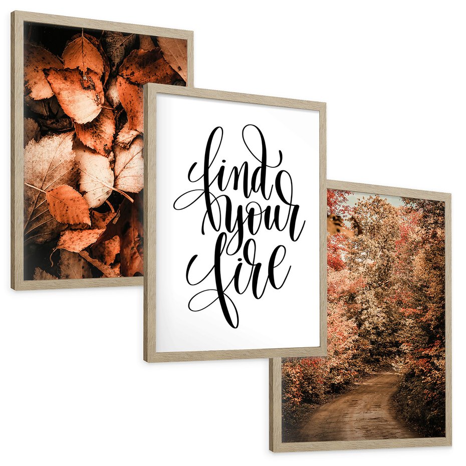 Zestaw obrazy w ramie, plakaty - jesień, liście, las - rama drewno