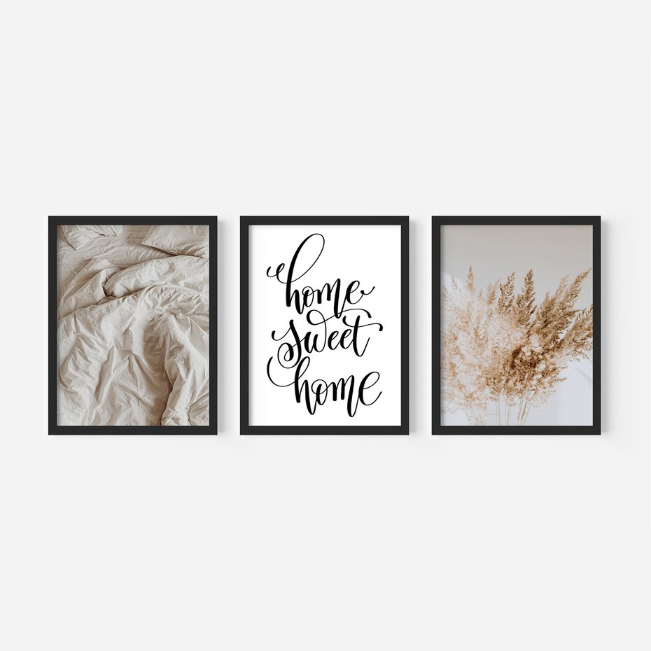 Zestaw obrazy w ramie, plakaty - trawa, beżowy, pismo - rama czarna