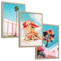 Zestaw obrazy w ramie, plakaty - plaża,palma,budynek - rama drewno