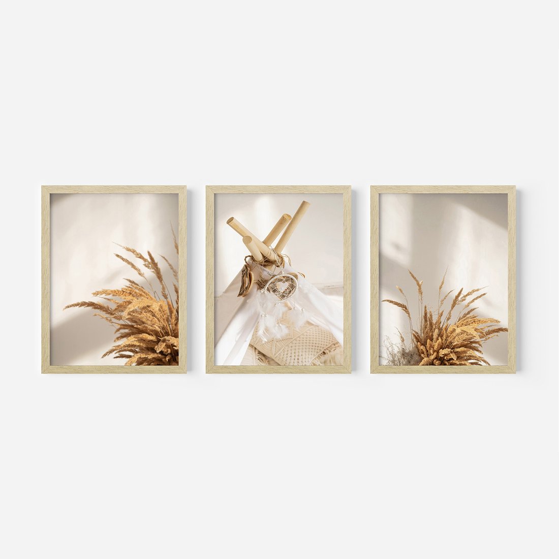 Zestaw obrazy w ramie, plakaty - trawa, dekoracja, pióra - rama drewno