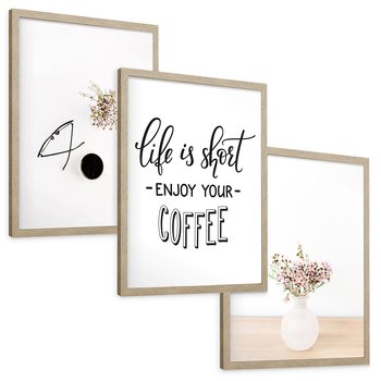 Zestaw obrazy w ramie, plakaty - kwiaty, kawa, okulary - rama drewno