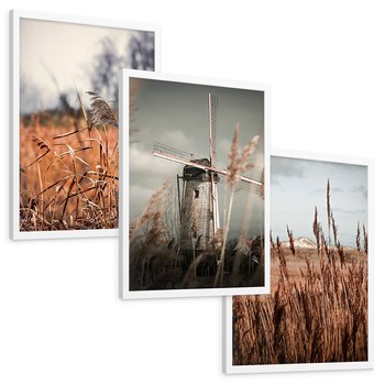 Zestaw obrazy w ramie, plakaty - krajobraz, wiatrak, natura - rama biała