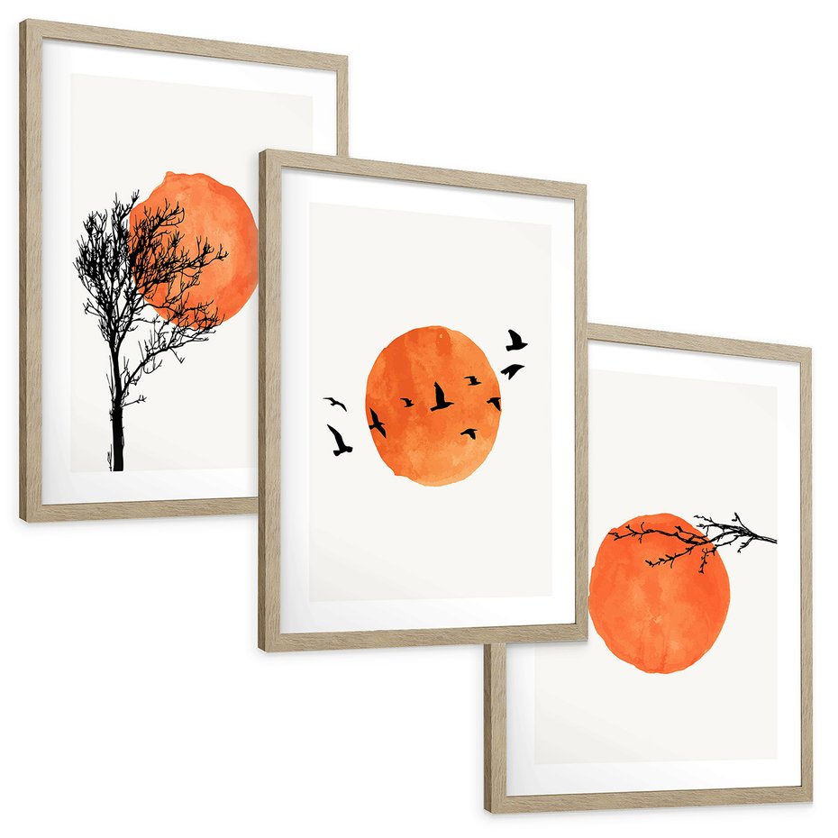 Zestaw obrazy w ramie, plakaty - Słońce, Ptaki, Drzewa - rama drewno