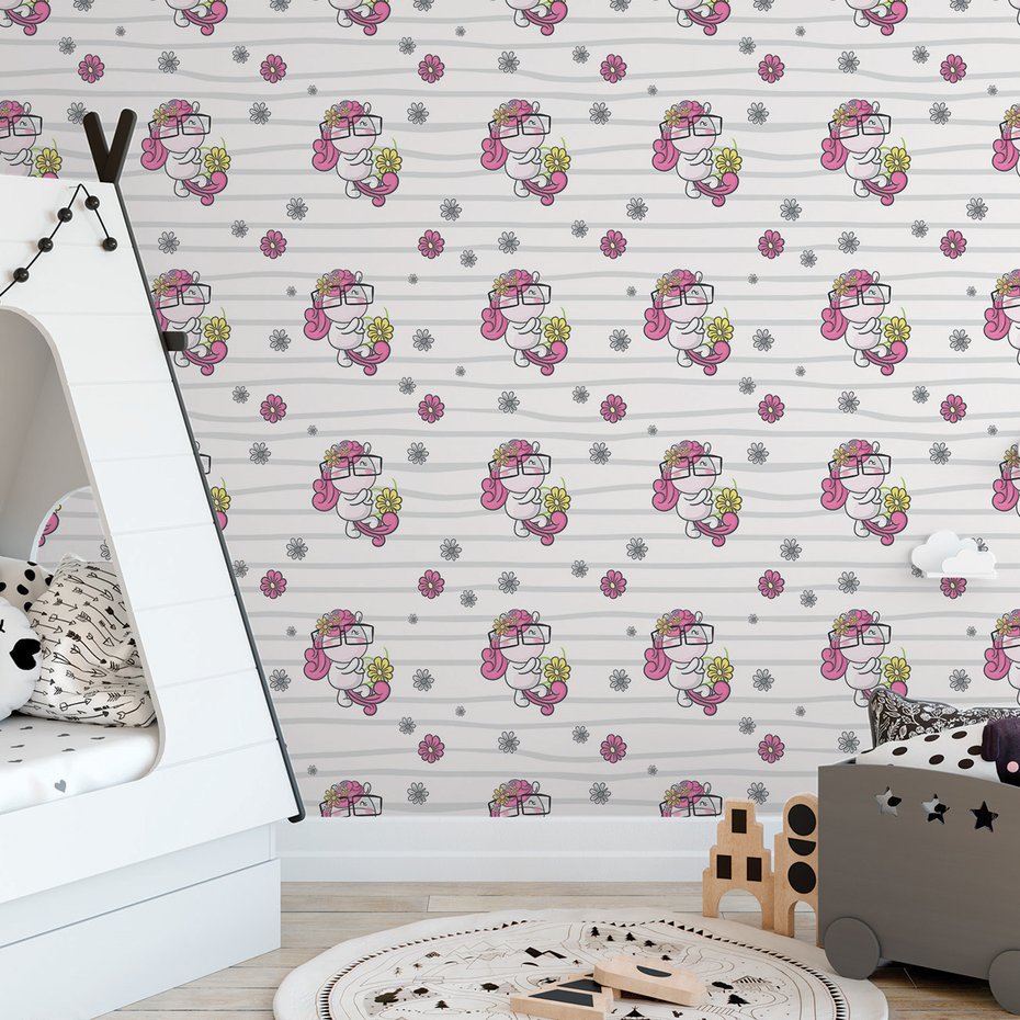 Tapeta - dziecięca, jednorożec, kwiaty,