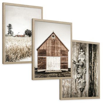 Zestaw obrazy w ramie, plakaty - wieś, dom, drewno - rama drewno