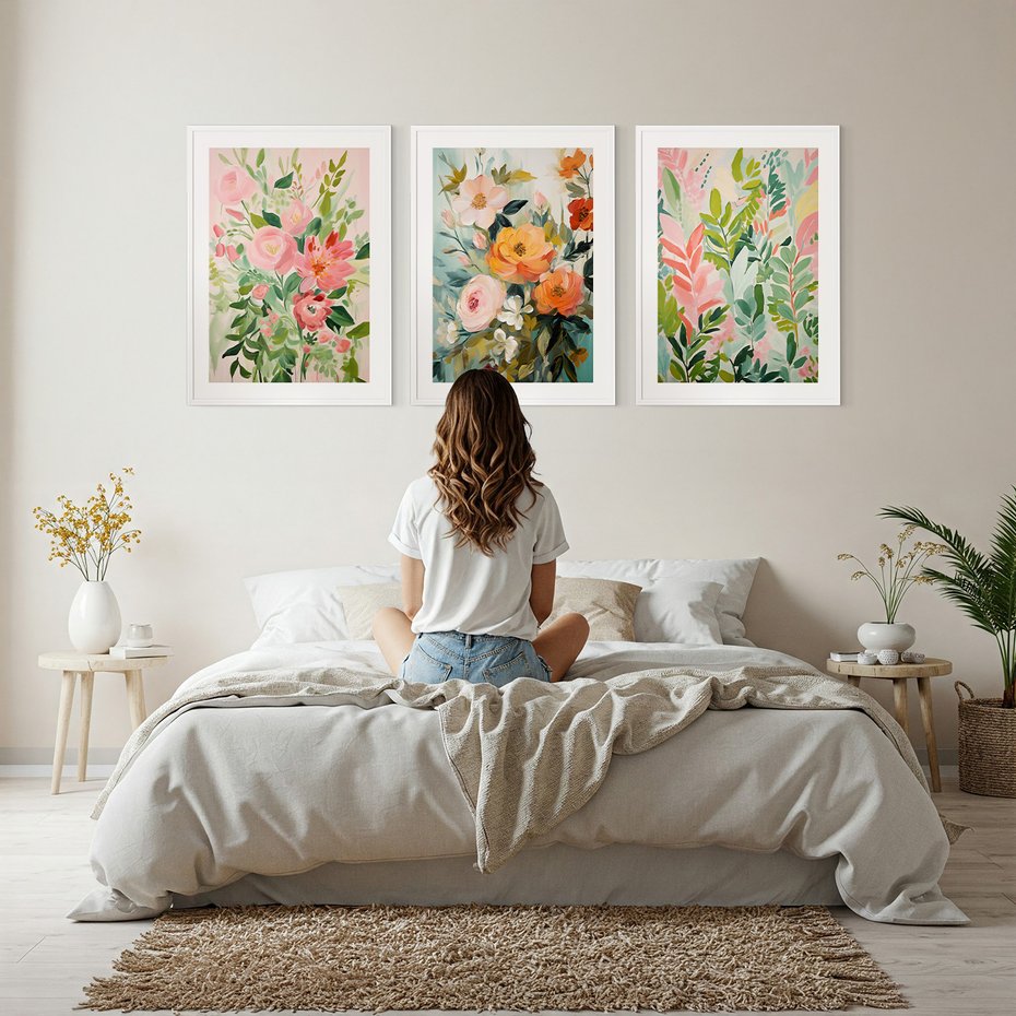 Zestaw obrazy w ramie, plakaty - kwiaty, liście, rośliny - rama biała