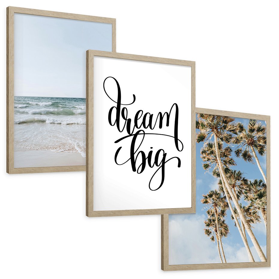 Zestaw obrazy w ramie, plakaty - plaża,palmy,morze - rama drewno