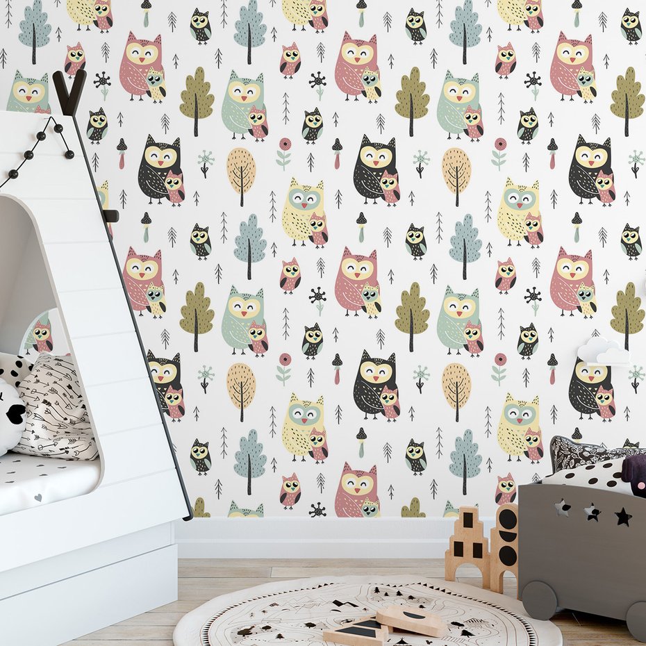 Tapeta - dziecięca, sowa, drzewo, kwiat