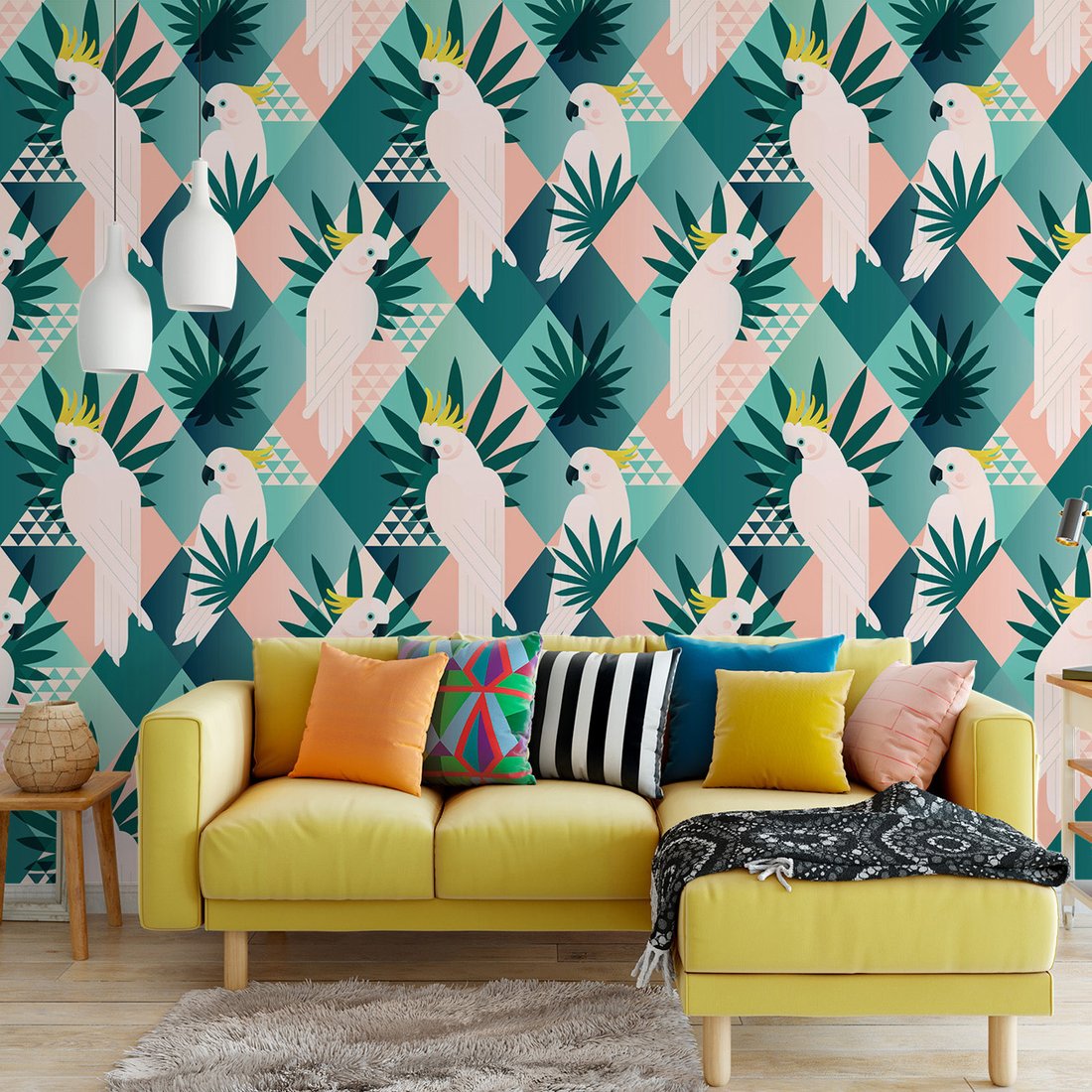 Tapeta - papuga, liście, trójkąty