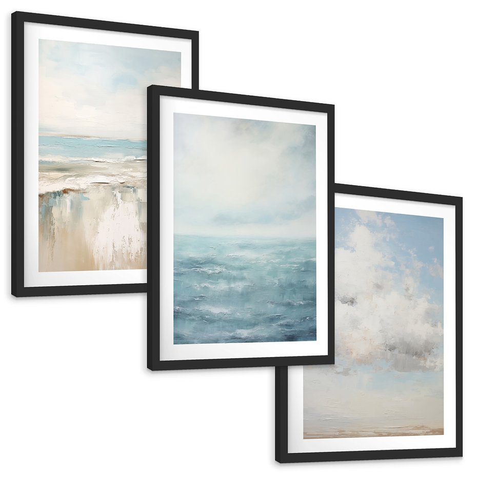 Zestaw obrazy w ramie, plakaty - morze, chmury, abstrakcja - rama czarna